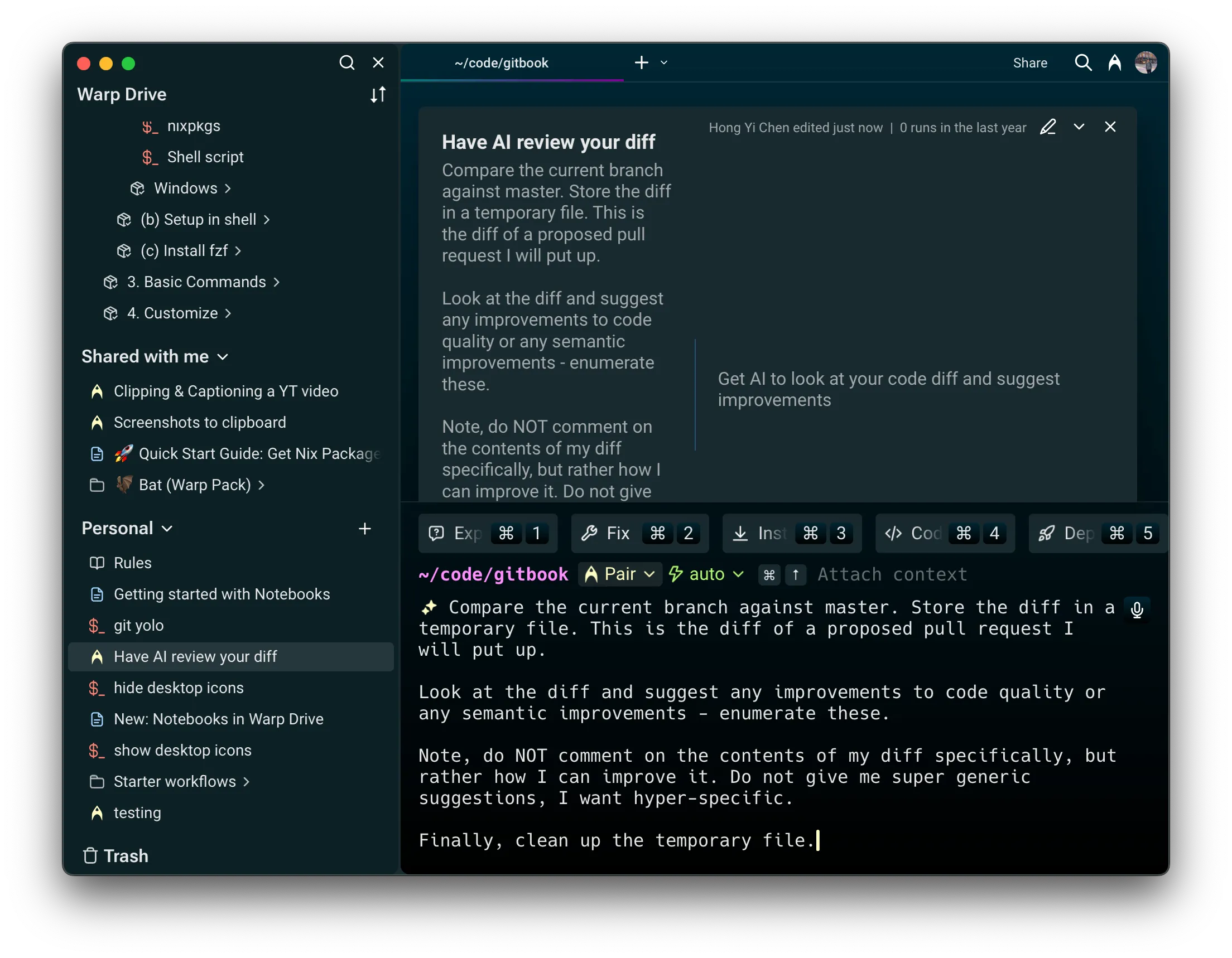 View of a Prompt in Warp Drive showing the command view interface